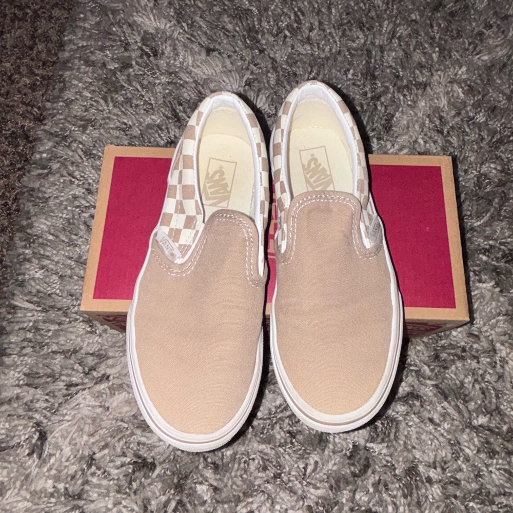 2 pair Boys tan check van slip on canvas gently worn great condition